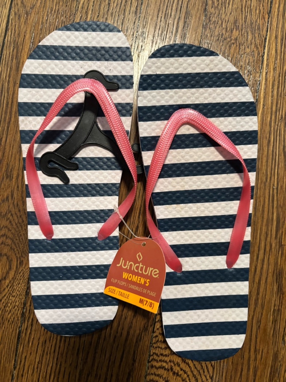 Juncture Women's Navy & White Striped Flip Flops with Pink Straps